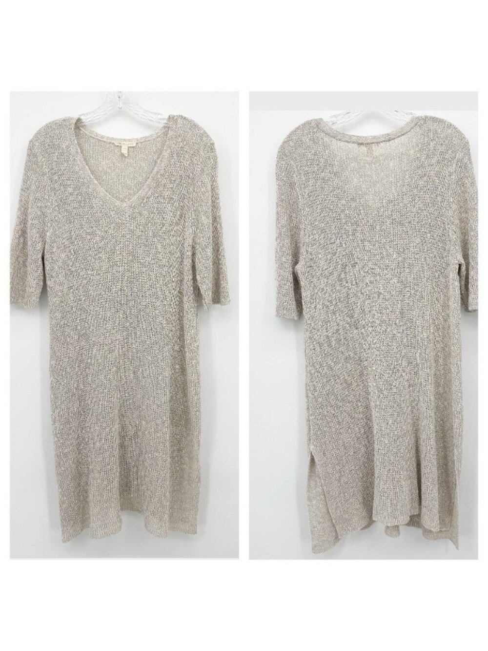 Eileen Fisher Women's Linen Knit Grey V neck midi Length Dress Size XL Lagenlook